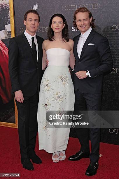 Outlander actors Tobias Menzies, Caitriona Balfe and Sam Heughan attend the Season Two World Premiere of "Outlander" at the American Museum of...