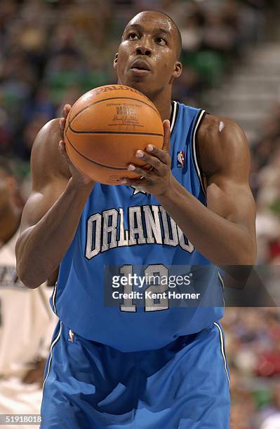 Dwight Howard of the Orlando Magic shoots a free throw against the Utah Jazz during the game on December 8, 2004 at the Delta Center in Salt Lake...