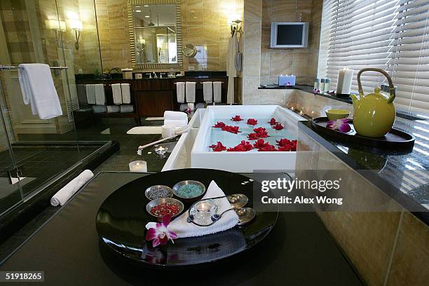 An interior view of the master bathroom is seen in the Presidential Suite at the Mandarin Oriental Hotel during a press preview of the hotel's...