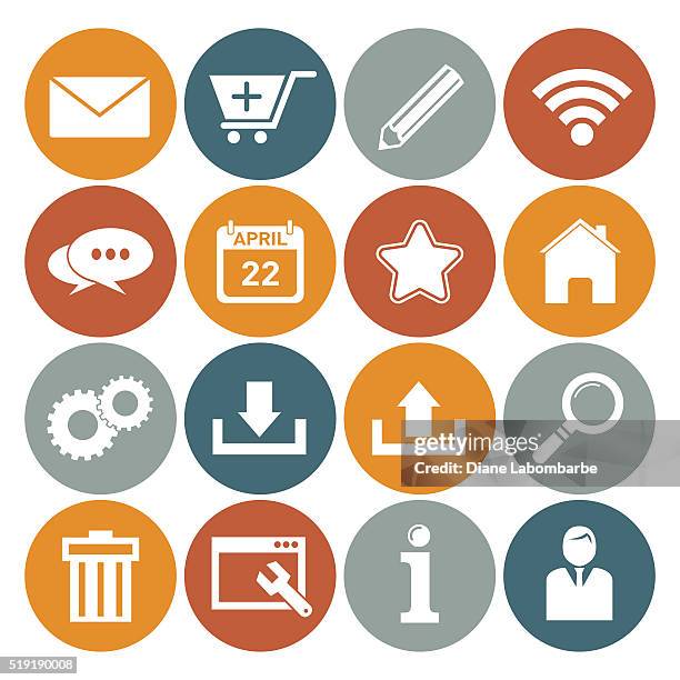 flat round wedsite icons - web navigation set - guy-throwing-out-garbage-drawing stock illustrations