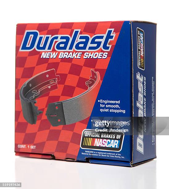 duralast new brake shoes box side - brake stock pictures, royalty-free photos & images