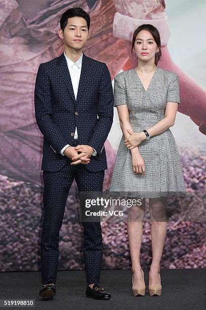 Actor Song Joong-ki and actress Song Hye-kyo attend television drama 'Descendants of the Sun' press conference on April 5, 2016 in Hong Kong, Hong...