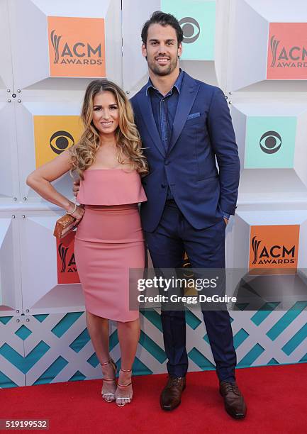 Singer Jessie James and NFL player Eric Decker arrive at the 51st Academy Of Country Music Awards at MGM Grand Garden Arena on April 3, 2016 in Las...