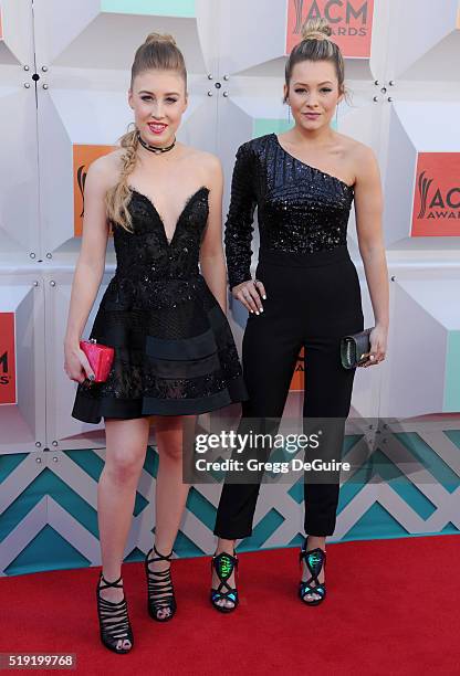 Singers Madison Marlow and Taylor Dye, Maddie & Tae, arrive at the 51st Academy Of Country Music Awards at MGM Grand Garden Arena on April 3, 2016 in...