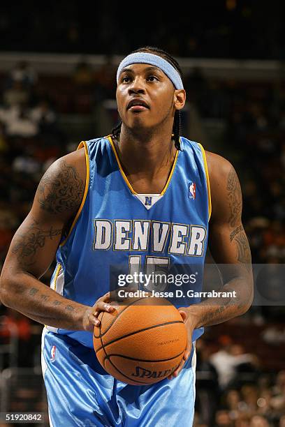 Carmelo Anthony of the Denver Nuggets shoots a free throw during the game with the Philadelphia 76ers on December 14, 2004 at the Wachovia Center in...