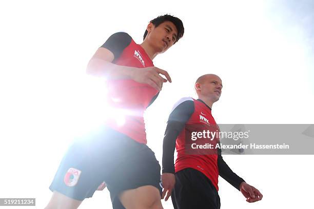 Ja-Cheol Koo of Augsburg arrives for a FC Augsburg Training session at WWK Arena on April 5, 2016 in Augsburg, Germany.