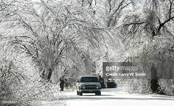 Pickup truck drives down a road surrounded by frozen trees January 6, 2005 in Wichita, Kansas. An ice storm left about 52,000 Westar Energy...