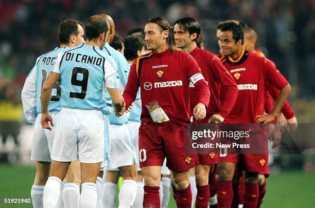 Di Canio of Lazio shakes hands with Totti of Roma after their Serie A match at the Olympic Stadium January 6, 2005 in Rome, Italy.