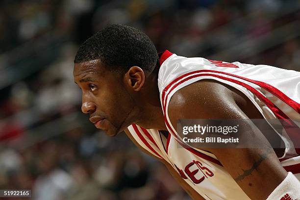 Tracy McGrady of the Houston Rockets is on the court during the game against the Toronto Raptors at the Toyota Center in Houston, Texas. The Rockets...