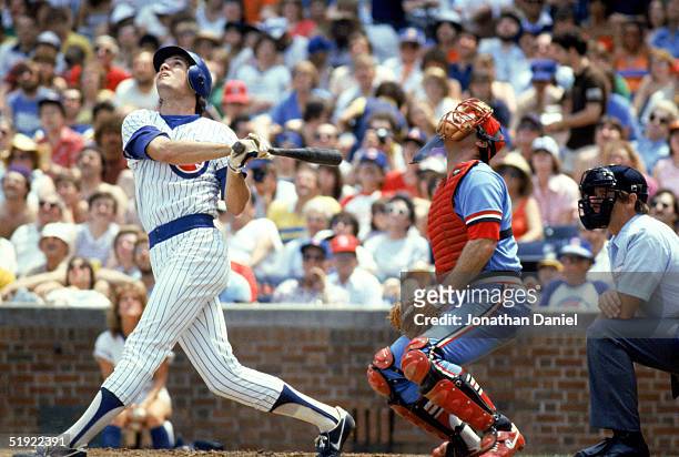 Ryne Sandberg of the Chicago Cubs hits the ball during a game against the St. Louis Cardinals at Wrigley Field on June 15, 1983 in Chicago, Illinois.