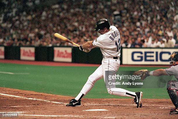 Wade Boggs of the Tampa Bay Devils Rays hits his 3000th hit and second home run of the season in the sixth inning against the Cleveland Indians...