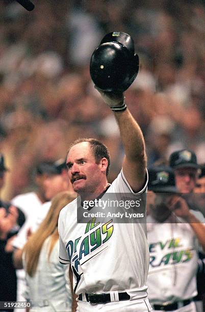 Wade Boggs of the Tampa Bay Devils Rays celebrates after hitting his 3000th hit with his second home run of the season in the sixth inning against...