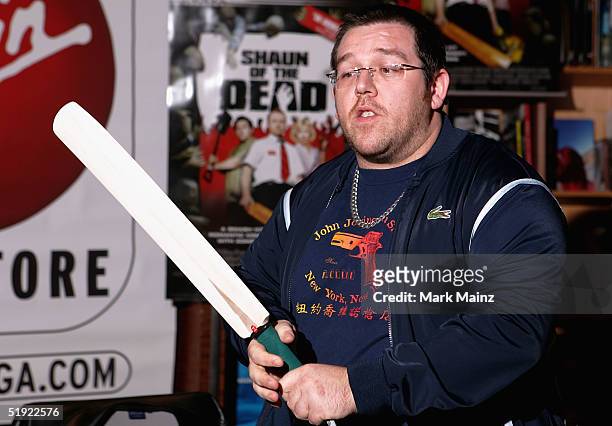 Actor Nick Frost signs copies of the DVD "Shaun of the Dead" at the Virgin Megastore on January 6, 2005 in Hollywood, California.