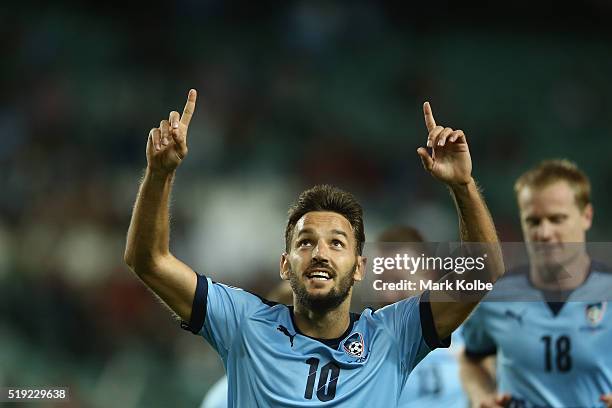 Milos Ninkovic of Sydney FC celebrates scoring a goal during the AFC Champions League match between Sydney FC and Pohang Steelers at Allianz Stadium...