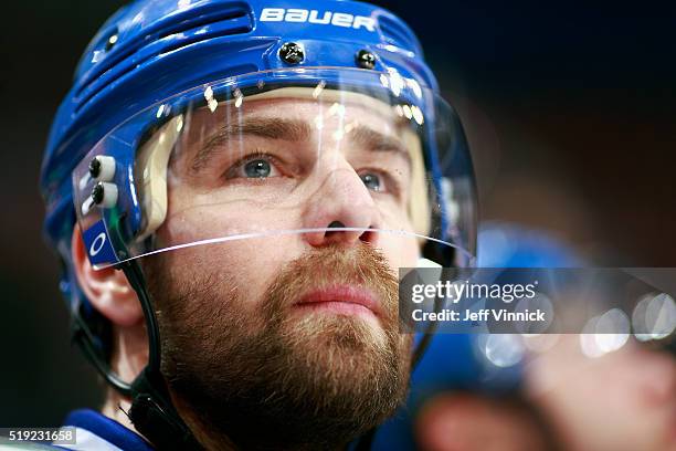 Chris Higgins of the Vancouver Canucks looks on from the bench during their NHL game against the San Jose Sharks at Rogers Arena March 29, 2016 in...