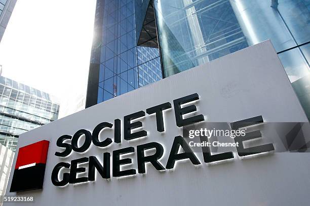 The logo of French bank Societe Generale is seen at the headquarters building on April 05, 2016 in La Defense, France. According to the International...