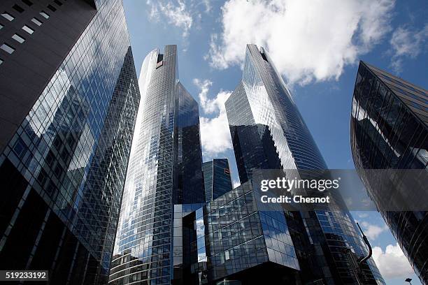 The logo of French bank Societe Generale is seen at the headquarters building on April 05, 2016 in La Defense, France. According to the International...
