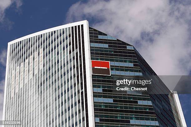 The logo of French bank Societe Generale is seen at the headquarters building on April 05, 2016 in La Defense, France. According to the International...