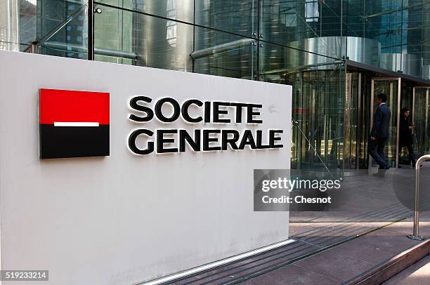 The logo of French bank Societe Generale is seen at the headquarters building on April 05, 2016 in La Defense, France. According to the International...