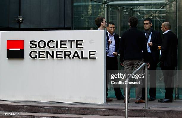 The logo of French bank Societe Generale is seen at the headquarters building on April 05, 2016 in La Defense, France. According to the International...