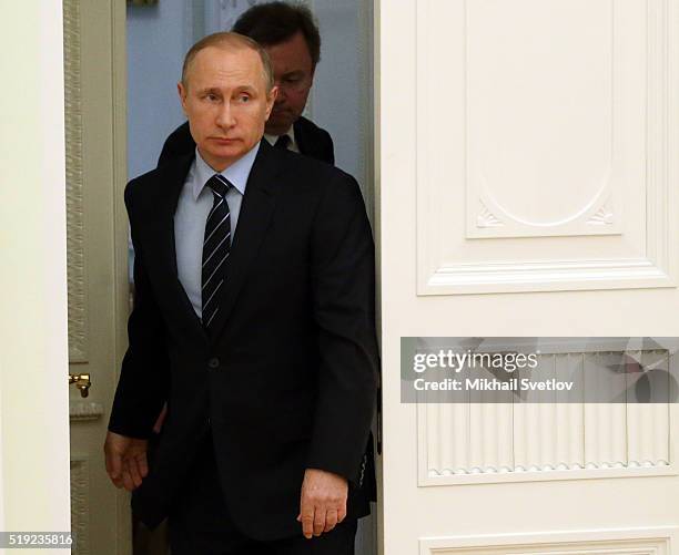 Russian President Vladimir Putin arrives for a meeting with French Senate President Gerard Larcher in the Kremlin on April 5, 2016 in Moscow, Russia....