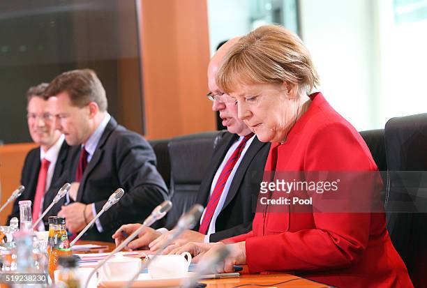 German Chancellor Angela Merkel during talks with international finance organisations in the German chancellery on April 5, 2016 in Berlin, Germany.