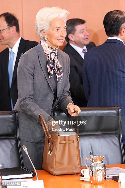 President Christine Lagarde looks on during talks with international finance organisations in the German chancellery on April 5, 2016 in Berlin,...