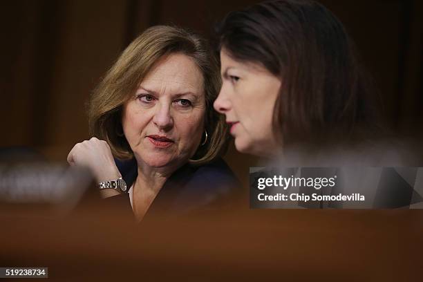 Senate Armed Services Committee members Sen. Deb Fischer and Sen. Kelly Ayotte prepare to hear testimony from U.S. Cyber Command head and NSA...