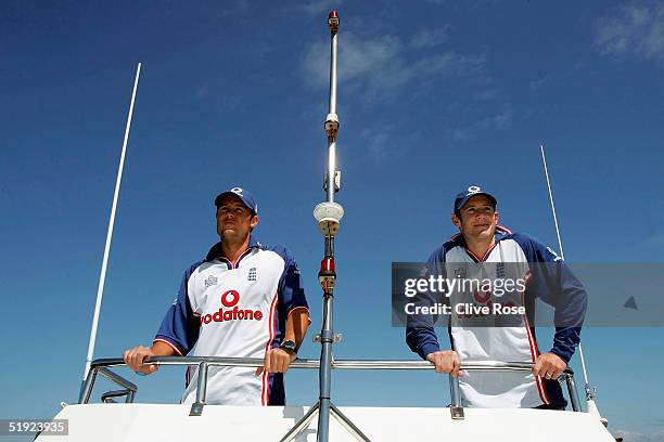 Geraint Jones and Chris Read of England look out for Great White sharks on January 7, 2005 in Cape Town, South Africa.