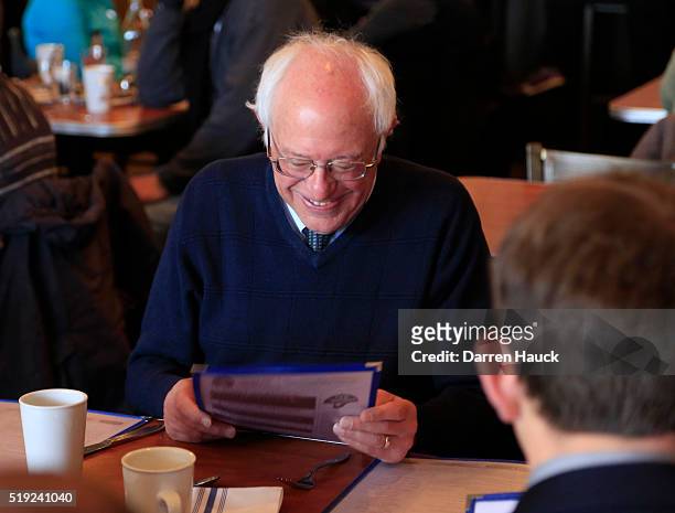 Democratic presidential candidate, Sen. Bernie Sanders , gets breakfast at Blue's Egg on April 5, 2016 in Milwaukee, Wisconsin. Candidates are making...