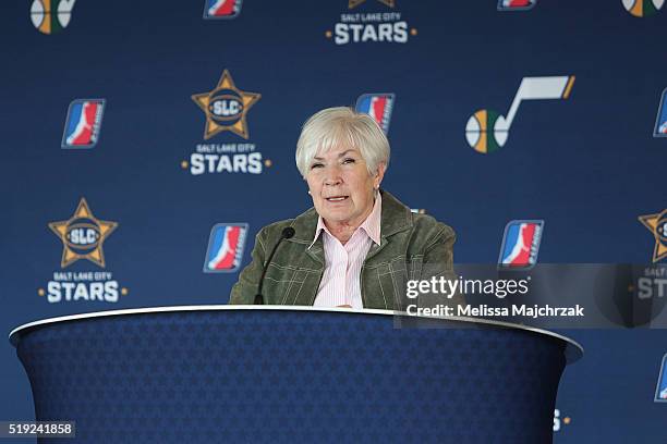 Gail Miller, Owner of Larry H. Miller Group of Companies speaks during the announcement of the Utah Stars the new NBA D-League announced today at...