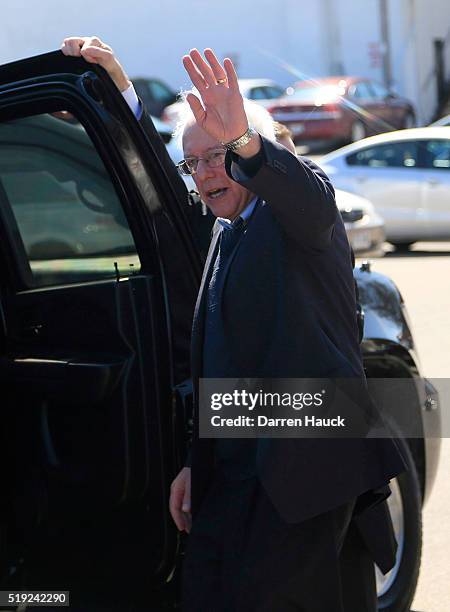 Democratic presidential candidate, Sen. Bernie Sanders , talks to supporters after eating breakfast at Blue's Egg on April 5, 2016 in Milwaukee,...