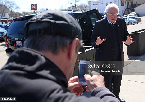 Democratic presidential candidate, Sen. Bernie Sanders , talks to supporters after eating breakfast at Blue's Egg on April 5, 2016 in Milwaukee,...