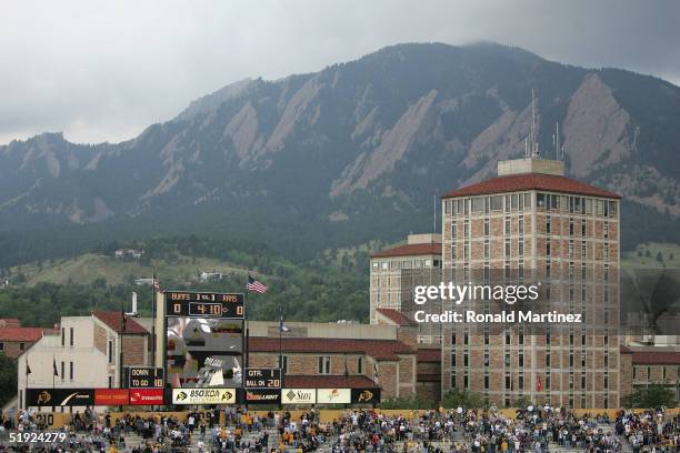 General view of the scoreboard and landscape during the game between the Colorado State University Rams and the University of Colorado Buffaloes on...