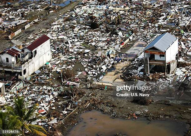 In this U.S. Navy handout, damage from the tsunami is seen from a U.S. Navy helecopter January 6, 2005 in Meulaboh, Sumatra, Indonesia. According to...