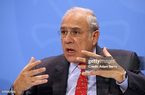 Angel Gurria, general secretary of the Organisation for Economic Cooperation and Development , attends a press conference in the German federal...