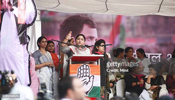 Khushboo, an Indian film actress and a politician, addressing the Jan Akrosh Rally at Jantar Mantar on July 21, 2015 in New Delhi, India.