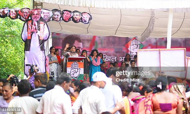 Khushboo, an Indian film actress and a politician, addressing the Jan Akrosh Rally at Jantar Mantar on July 21, 2015 in New Delhi, India.