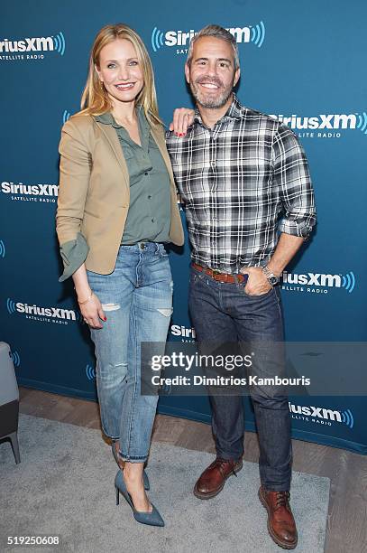 Actress Cameron Diaz and TV personality Andy Cohen pose at SiriusXM's Town Hall after her appearance on Andy Cohen's exclusive SiriusXM channel Radio...