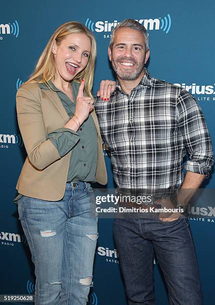 Actress Cameron Diaz and TV personality Andy Cohen pose at SiriusXM's Town Hall after her appearance on Andy Cohen's exclusive SiriusXM channel Radio...