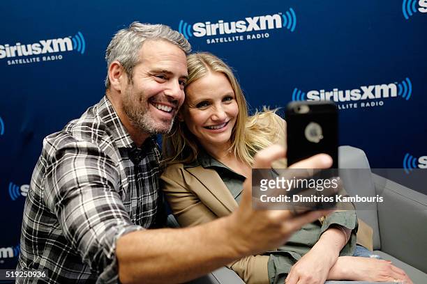 Personality Andy Cohen and actress Cameron Diaz pose for a selfie at SiriusXM's Town Hall after her appearance on Andy Cohen's exclusive SiriusXM...