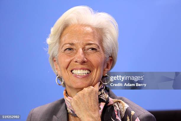 Christine Lagarde, director of the International Monetary Fund, attends a press conference in the German federal Chancellery on April 5, 2016 in...