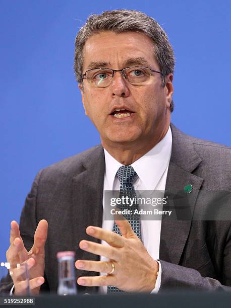 Roberto Azevedo, general secretary of the World Trade Organisation, attends a press conference in the German federal Chancellery on April 5, 2016 in...