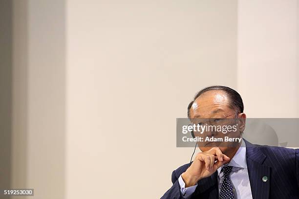 Jim Yong Kim, president of the World Bank, attends a press conference in the German federal Chancellery on April 5, 2016 in Berlin, Germany. Heads of...