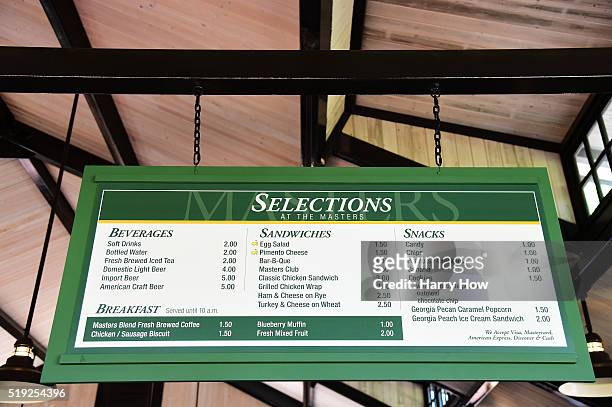 Food menus are displaed during a practice round prior to the start of the 2016 Masters Tournament at Augusta National Golf Club on April 5, 2016 in...