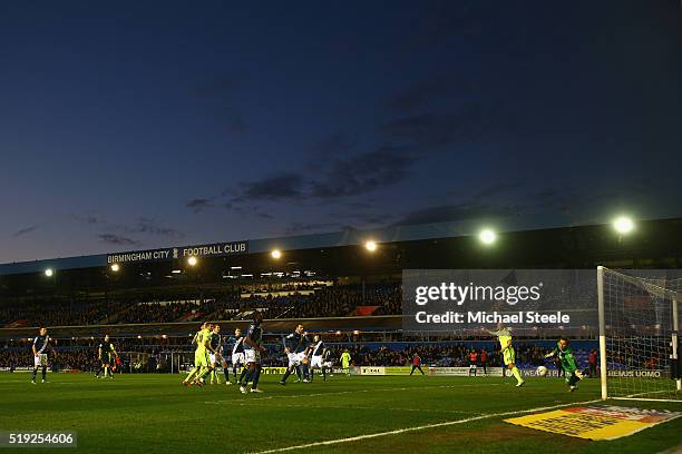 Tomasz Kuszczak of Birmingham City dives in vain as a header from Connor Goldson of Brighton and Hove Albion finds the net for the eualising goal...