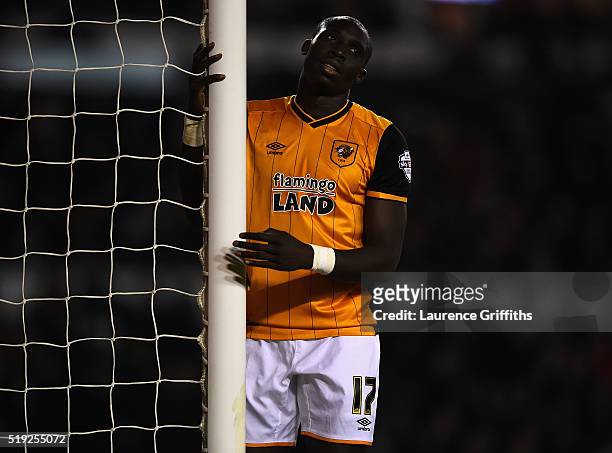 Mohamed Diame of Hull City shows his frustrations after a missed chance during the Sky Bet Championship match between Derby County and Hull City on...