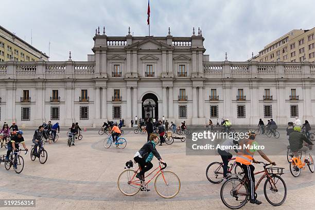 Cyclists participating in the World Bicycle Forum ride bikes outside Palacio de La Moneda during an official visit to President of Chile Michelle...