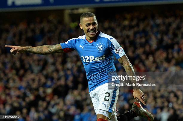 James Tavernier of Rangers celebrates scoring a goal early in the second half during the Scottish Championship match between Glasgow Rangers FC and...