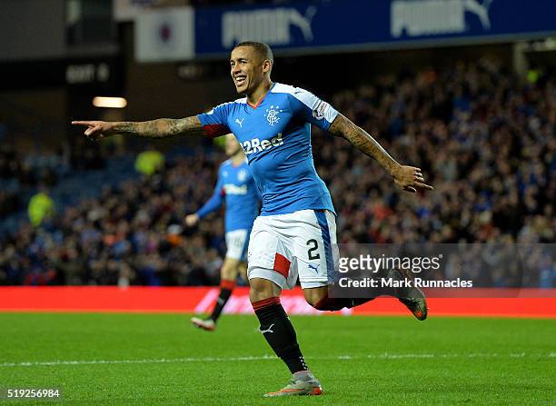 James Tavernier of Rangers celebrates scoring a goal early in the second half during the Scottish Championship match between Glasgow Rangers FC and...